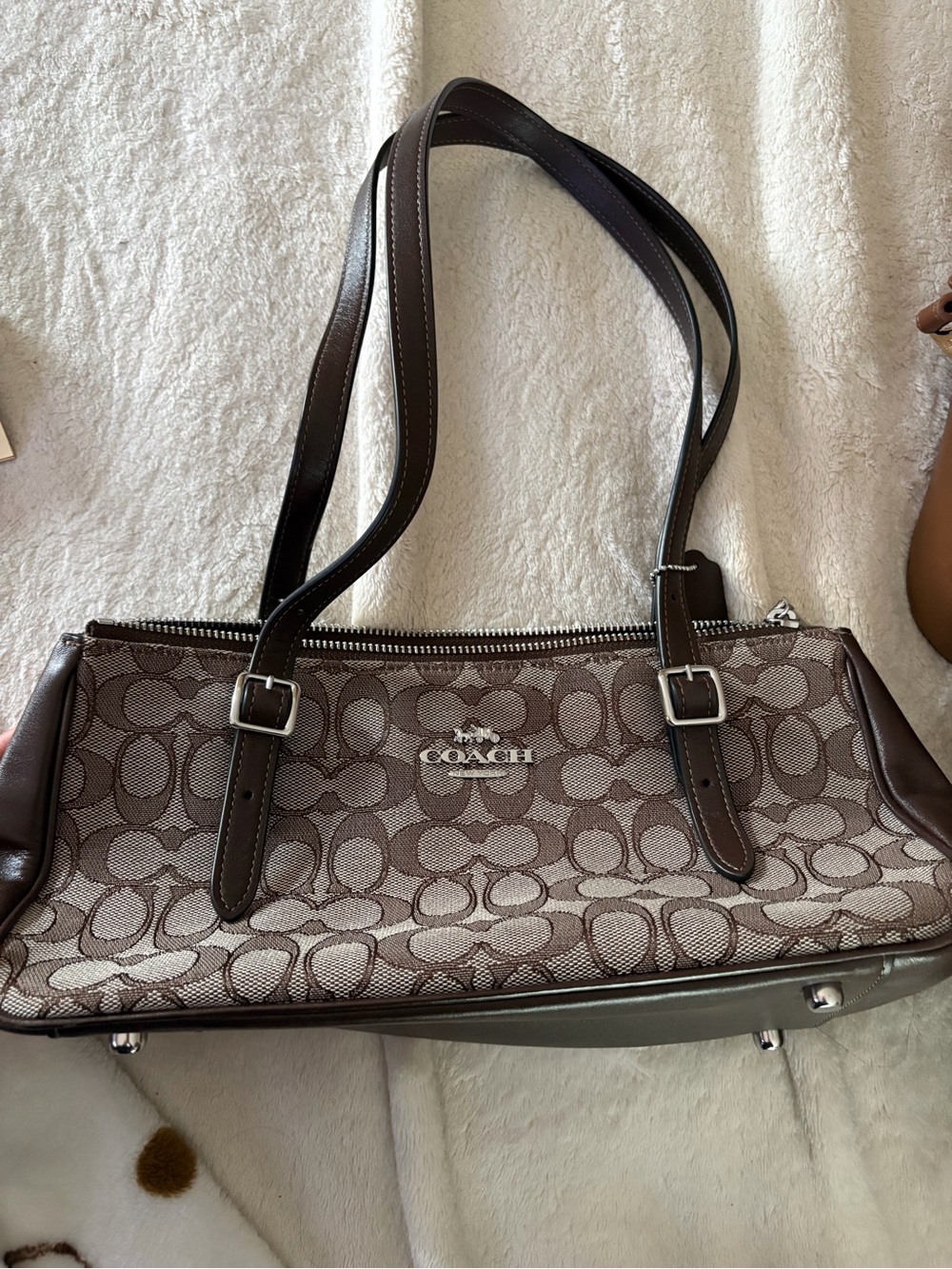 Coach Brown Signature Jacquard Shoulder Bag with Dark Brown Trim